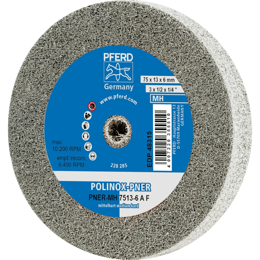 Produktfoto 1 von PFERD TOOLS POLINOX verpresstes Vlies-Rad PNER Ø 75x13 mm Bohrung-Ø 6 mm Mittelhart A Fein für Finish, 5 Stk.