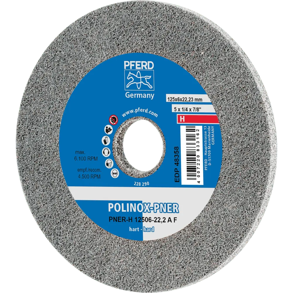 Produktfoto 1 von PFERD TOOLS POLINOX verpresstes Vlies-Rad PNER Ø 125x6 mm Bohrung-Ø 22,23 mm Hart A Fein für Finish, 5 Stk.