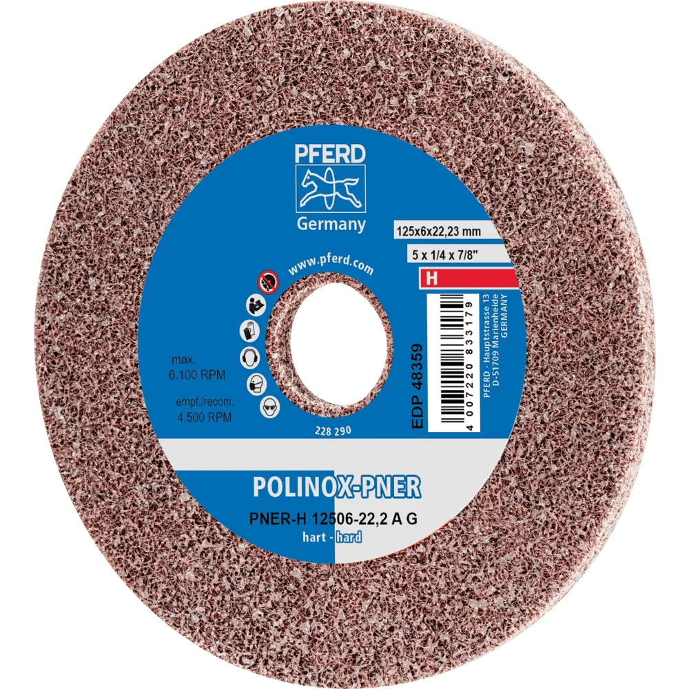 Produktfoto 1 von PFERD TOOLS POLINOX verpresstes Vlies-Rad PNER Ø 125x6 mm Bohrung-Ø 22,23 mm Hart A Grob für Finish, 5 Stk.