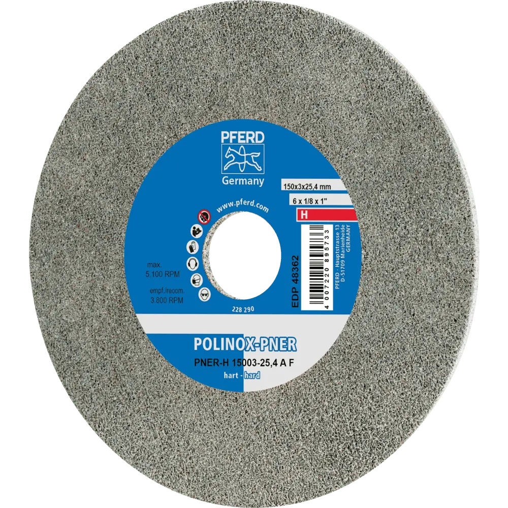 Produktfoto 1 von PFERD TOOLS POLINOX verpresstes Vlies-Rad PNER Ø 150x3 mm Bohrung-Ø 25,4 mm Hart A Fein für Finish, 5 Stk.