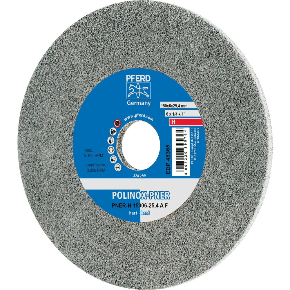 Produktfoto 1 von PFERD TOOLS POLINOX verpresstes Vlies-Rad PNER Ø 150x6 mm Bohrung-Ø 25,4 mm Hart A Fein für Finish, 5 Stk.