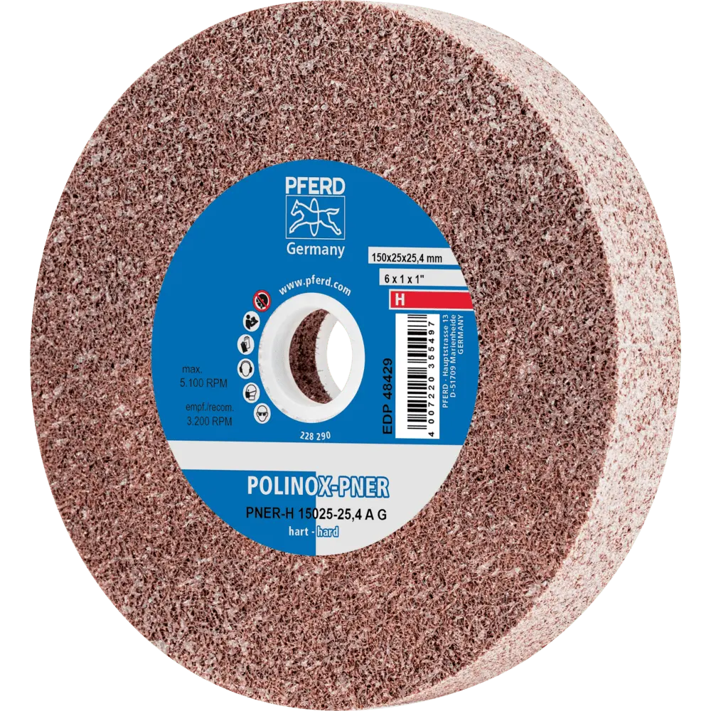 Produktfoto 1 von PFERD TOOLS POLINOX verpresstes Vlies-Rad PNER Ø 150x25 mm Bohrung-Ø 25,4 mm Hart A Grob für Finish