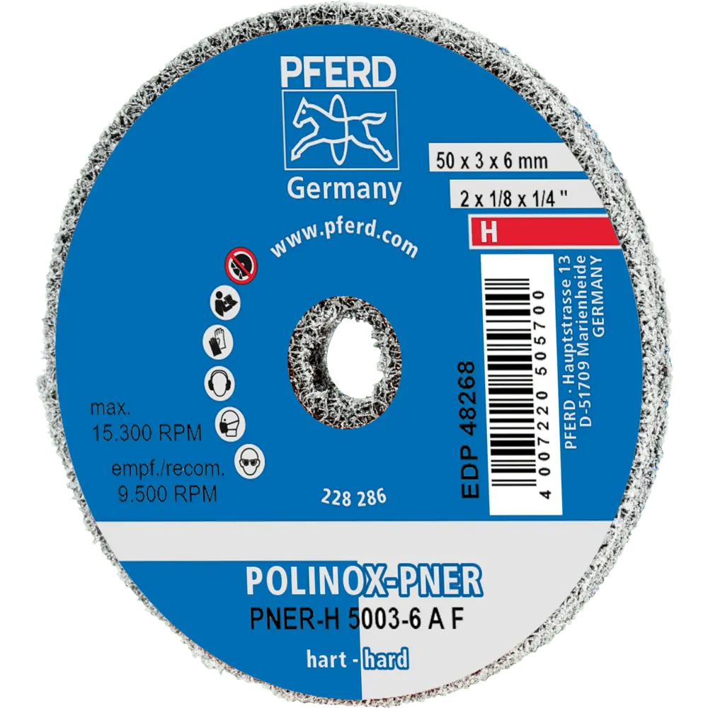 Produktfoto 1 von PFERD TOOLS POLINOX verpresstes Vlies-Rad PNER Ø 50x3 mm Bohrung-Ø 6 mm Hart A Fein für Finish, 10 Stk.