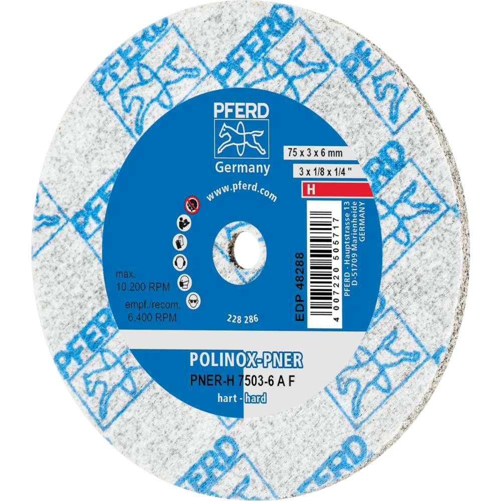 PFERD TOOLS POLINOX verpresstes Vlies-Rad PNER Ø 75x3 mm Bohrung-Ø 6 mm Hart A Fein für Finish, 10 Stk.