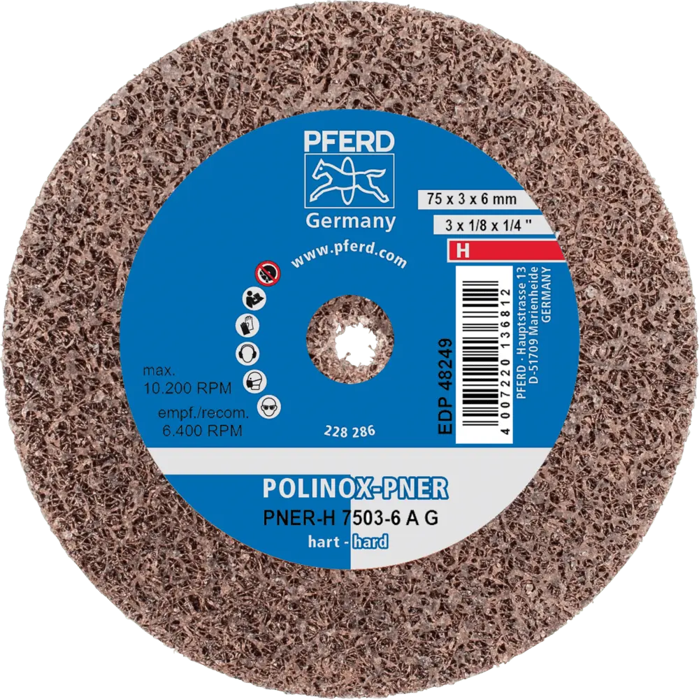 Produktfoto 1 von PFERD TOOLS POLINOX verpresstes Vlies-Rad PNER Ø 75x3 mm Bohrung-Ø 6 mm Hart A Grob für Finish, 10 Stk.