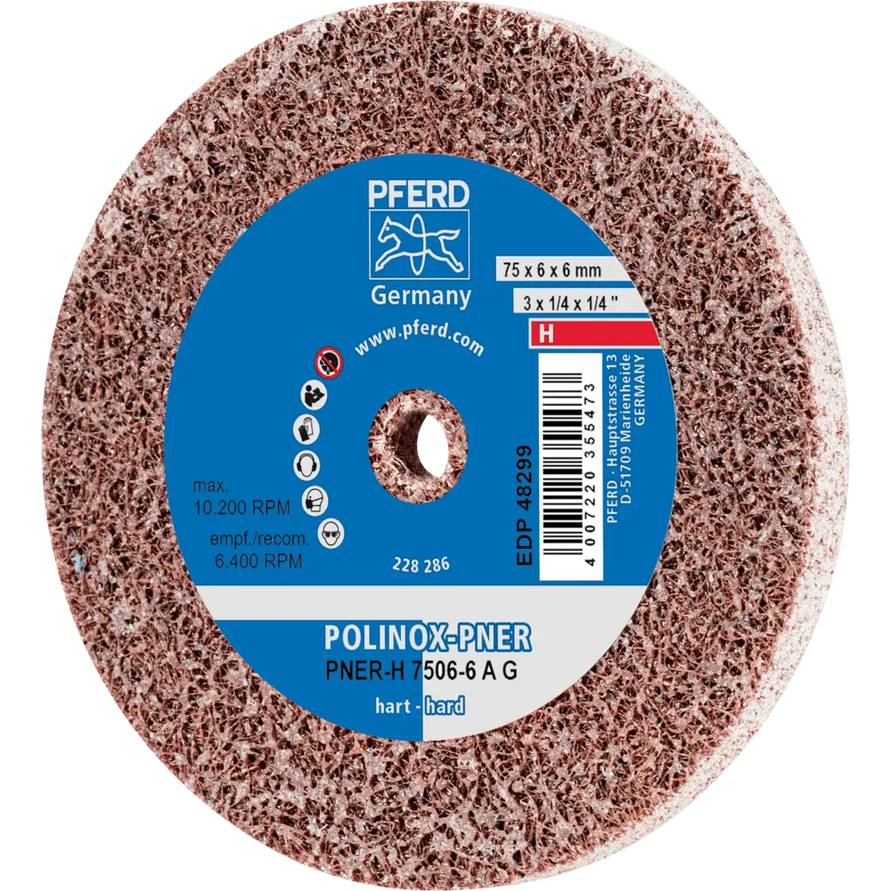 Produktfoto 1 von PFERD TOOLS POLINOX verpresstes Vlies-Rad PNER Ø 75X6 mm Bohrung-Ø 6 mm Hart A Grob für Finish, 5 Stk.