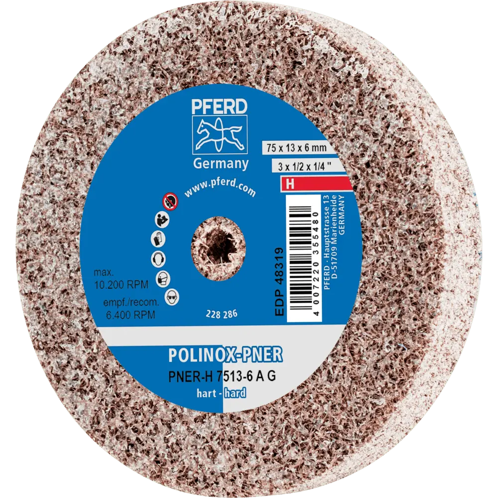 Produktfoto 1 von PFERD TOOLS POLINOX verpresstes Vlies-Rad PNER Ø 75x13 mm Bohrung-Ø 6 mm Hart A Grob für Finish, 5 Stk.