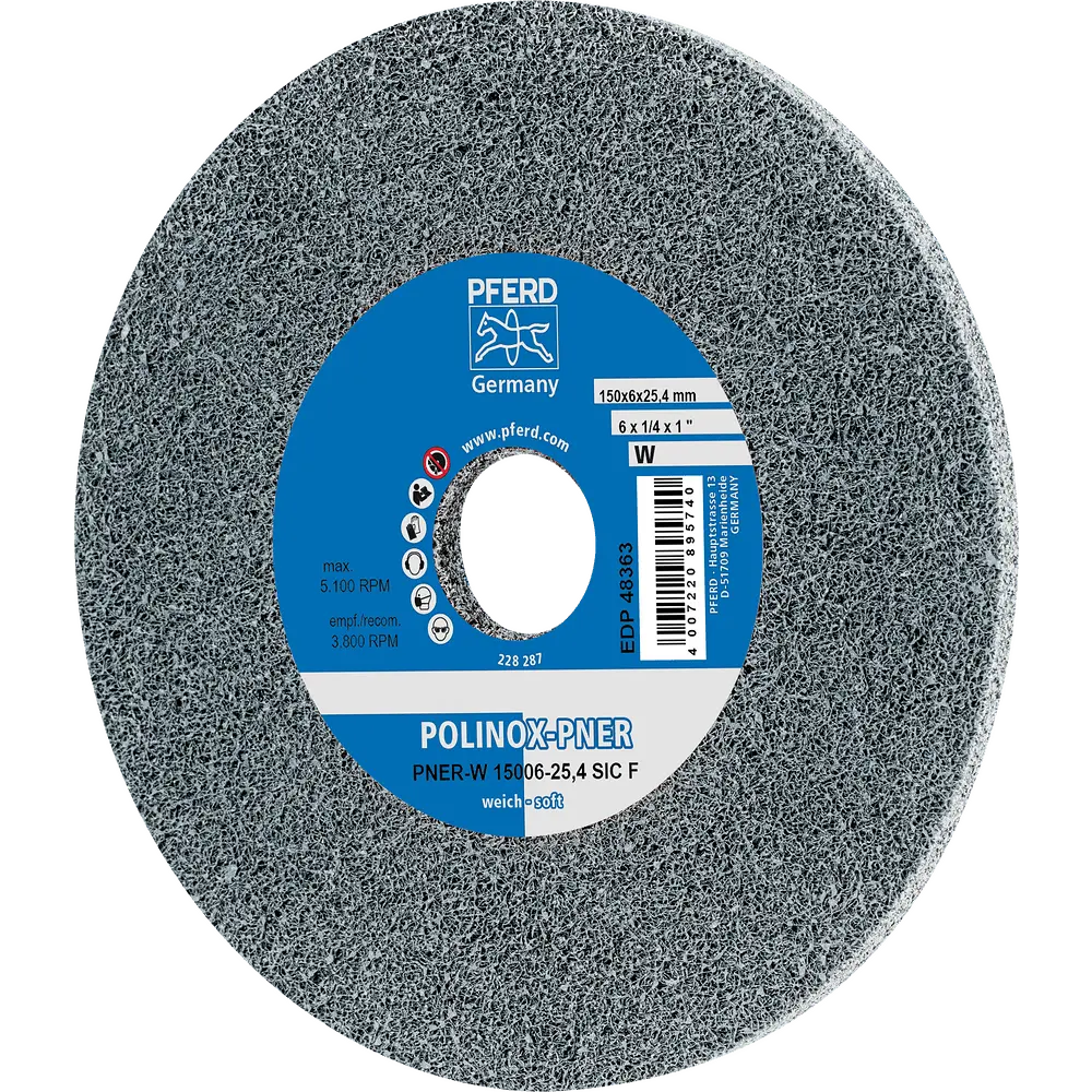 Produktfoto 1 von PFERD TOOLS POLINOX verpresstes Vlies-Rad PNER Ø 150x6 mm Bohrung-Ø 25,4 mm Weich SIC Fein für Finish, 5 Stk.