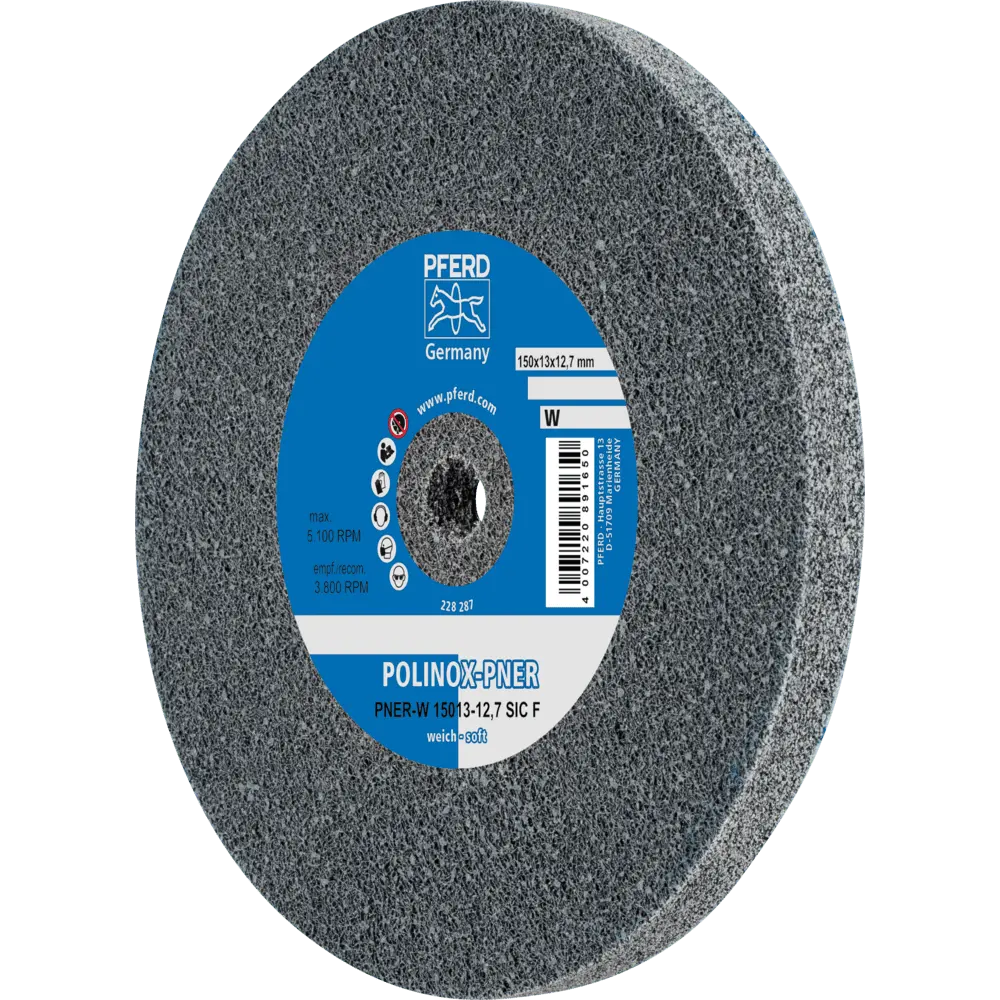 Produktfoto 1 von PFERD TOOLS POLINOX verpresstes Vlies-Rad PNER Ø 150x13 mm Bohrung-Ø12,7 mm Weich SIC Fein für Finish, 5 Stk.