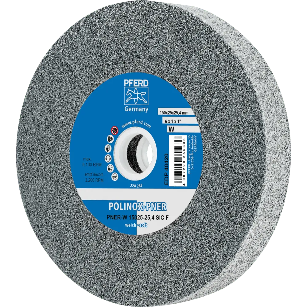 Produktfoto 1 von PFERD TOOLS POLINOX verpresstes Vlies-Rad PNER Ø 150x25 mm Bohrung-Ø 25,4 mm Weich SIC Fein für Finish