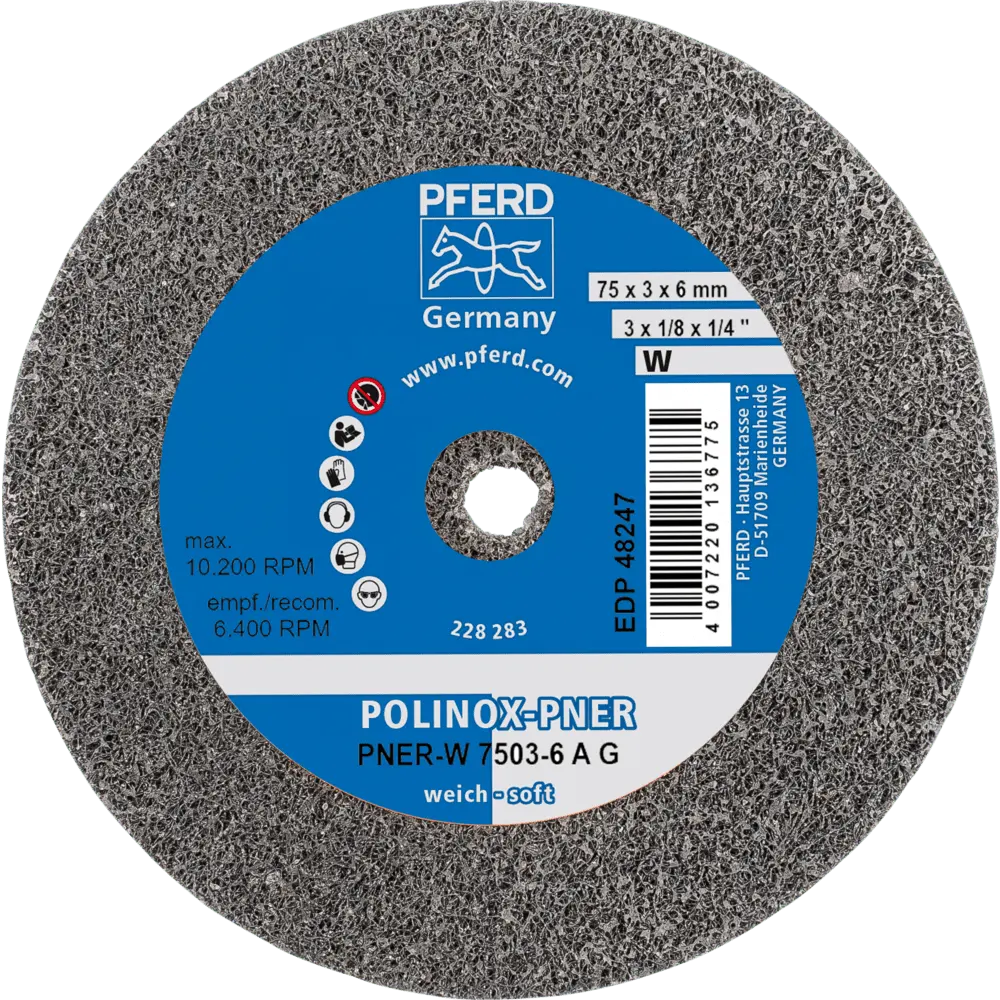 Produktfoto 1 von PFERD TOOLS POLINOX verpresstes Vlies-Rad PNER Ø 75x3 mm Bohrung-Ø 6 mm Weich A Grob für Finish, 10 Stk.