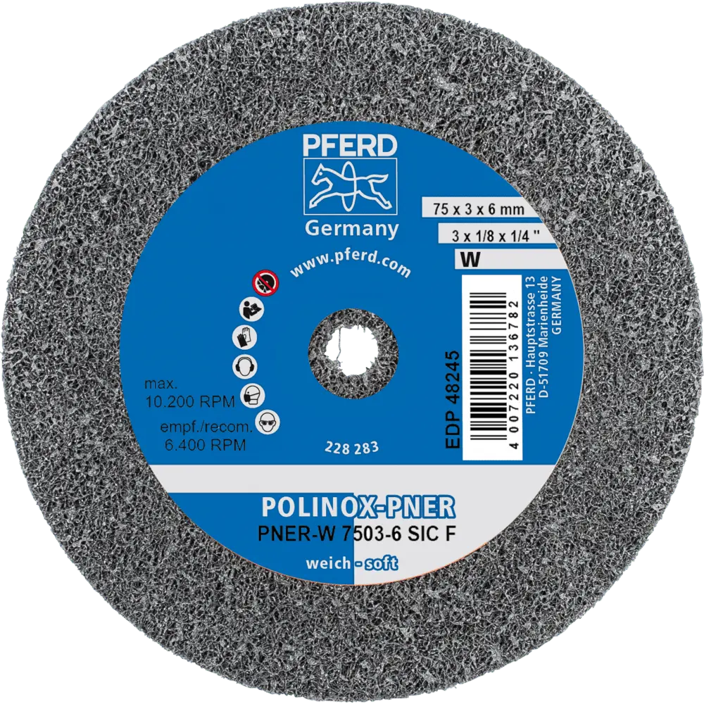 Produktfoto 1 von PFERD TOOLS POLINOX verpresstes Vlies-Rad PNER Ø 75x3 mm Bohrung-Ø 6 mm Weich SIC Fein für Finish, 10 Stk.