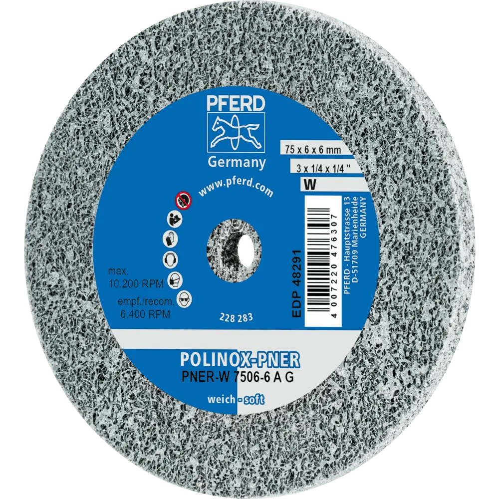 Produktfoto 1 von PFERD TOOLS POLINOX verpresstes Vlies-Rad PNER Ø 75X6 mm Bohrung-Ø 6 mm Weich A Grob für Finish, 5 Stk.