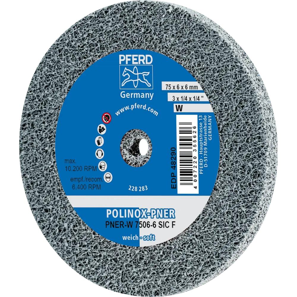 Produktfoto 1 von PFERD TOOLS POLINOX verpresstes Vlies-Rad PNER Ø 75X6 mm Bohrung-Ø 6 mm Weich SIC Fein für Finish, 5 Stk.