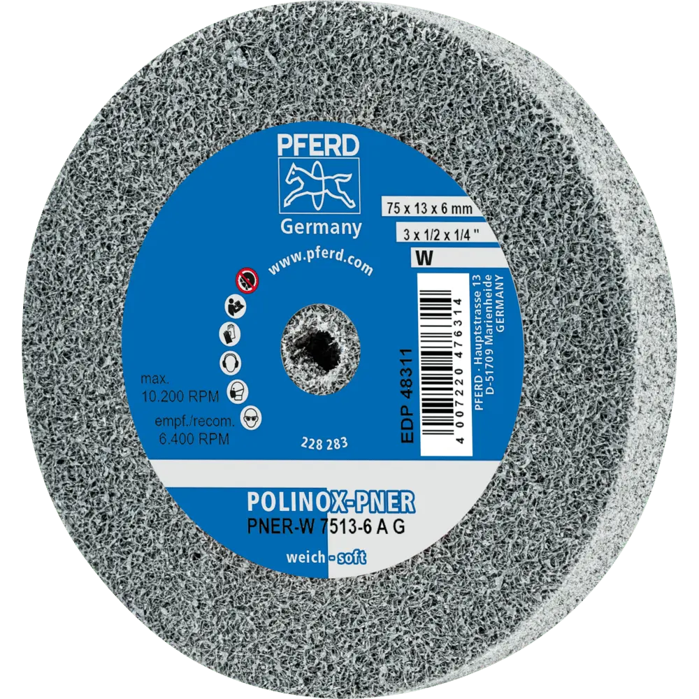Produktfoto 1 von PFERD TOOLS POLINOX verpresstes Vlies-Rad PNER Ø 75x13 mm Bohrung-Ø 6 mm Weich A Grob für Finish, 5 Stk.