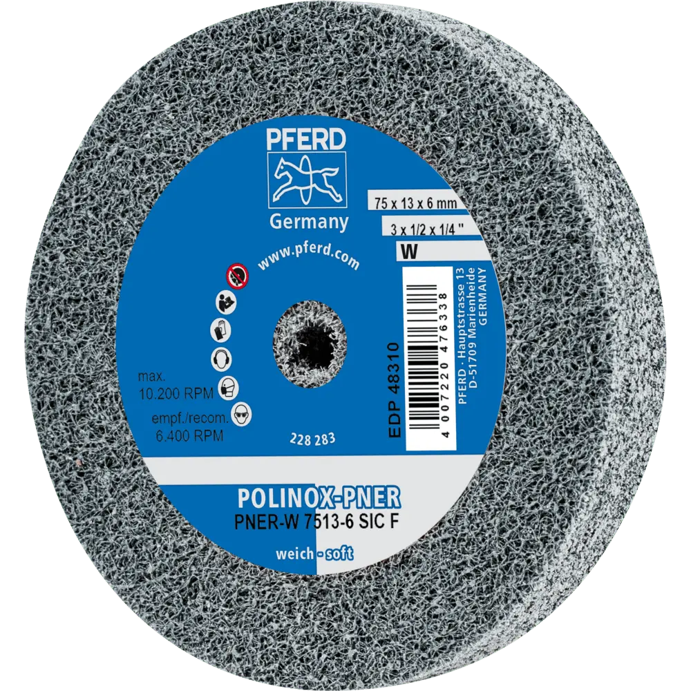 Produktfoto 1 von PFERD TOOLS POLINOX verpresstes Vlies-Rad PNER Ø 75x13 mm Bohrung-Ø 6 mm Weich SIC Fein für Finish, 5 Stk.