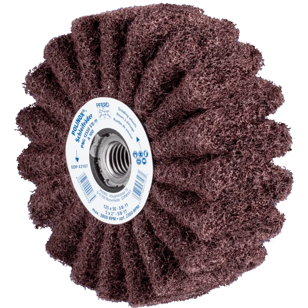 Produktfoto 1 von PFERD TOOLS POLINOX Vlies-Schleifrad PNG Ø 125x50 Gewinde 5/8-11 A100 für Feinschliff und Finish, 2 Stk.