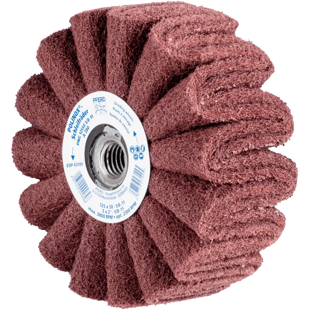 Produktfoto 1 von PFERD TOOLS POLINOX Vlies-Schleifrad PNG Ø 125x50 Gewinde 5/8-11 A280 für Feinschliff und Finish, 2 Stk.