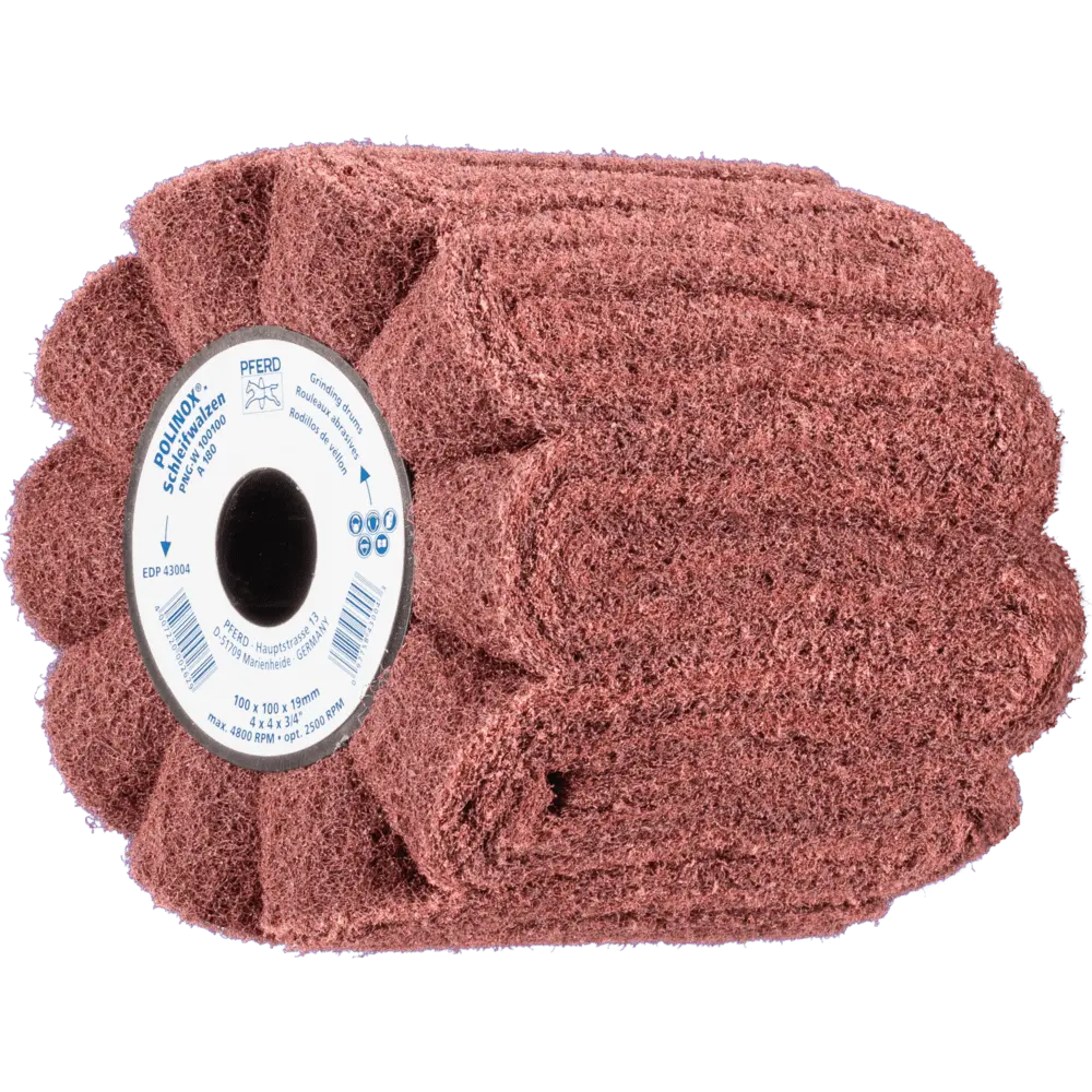 Produktfoto 1 von PFERD TOOLS POLINOX Vlies-Schleifwalze PNG Ø 100x100mm Keilnut 19 mm A180 für Feinschliff und Finish