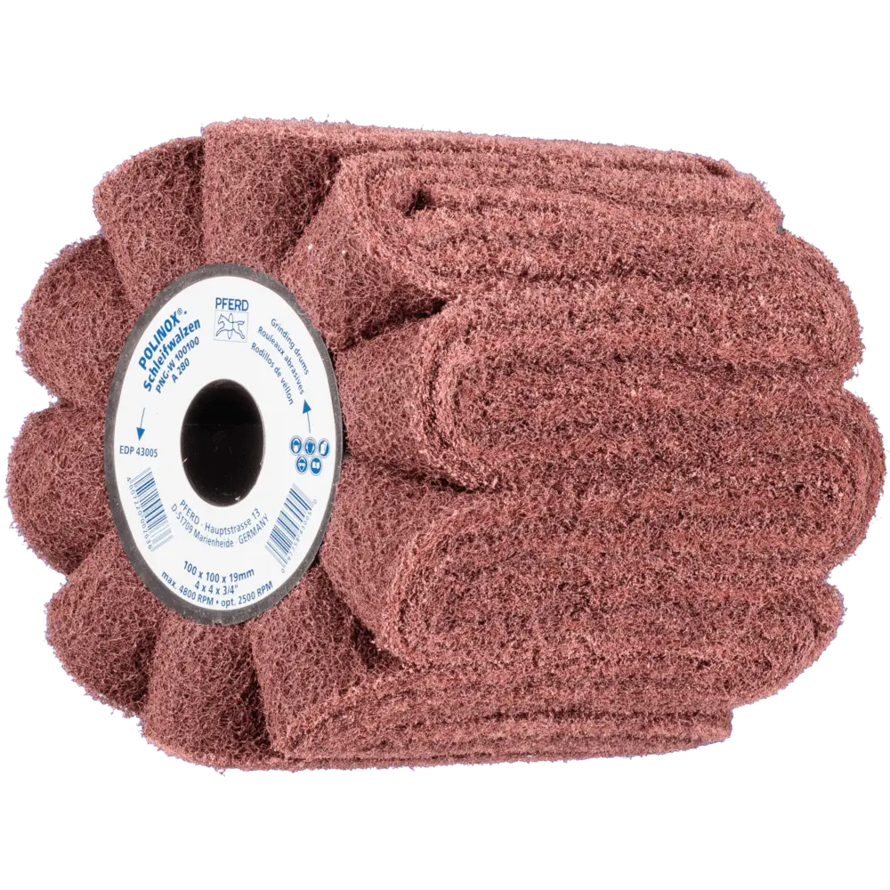 Produktfoto 1 von PFERD TOOLS POLINOX Vlies-Schleifwalze PNG Ø 100x100mm Keilnut 19 mm A280 für Feinschliff und Finish