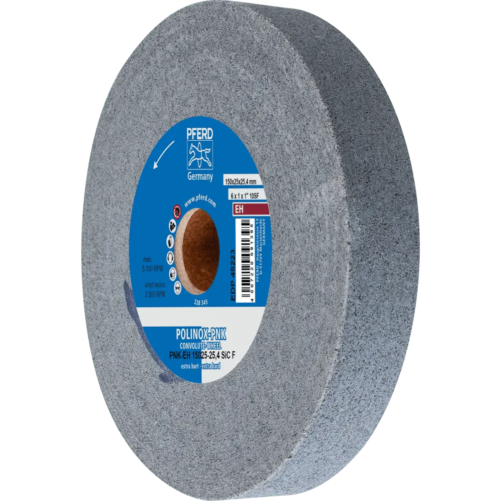 Produktfoto 1 von PFERD TOOLS POLINOX Gewickeltes Vlies-Rad PNK Ø 150x25 mm Bohrung-Ø 25,4 mm Extrahart SIC Fein für Finish