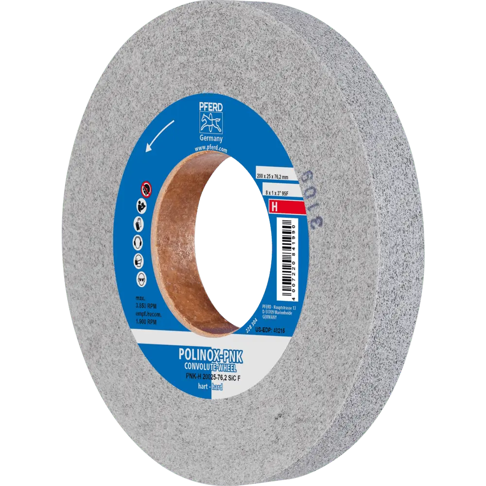 Produktfoto 1 von PFERD TOOLS POLINOX Gewickeltes Vlies-Rad PNK Ø 200x25 mm Bohrung-Ø 76,2 mm Hart SIC Fein für Finish