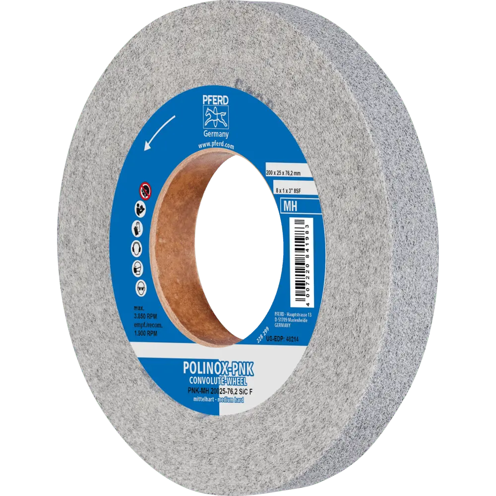 Produktfoto 1 von PFERD TOOLS POLINOX Gewickeltes Vlies-Rad PNK Ø 200x25 mm Bohrung-Ø 76,2 mm Mittehart SIC Fein für Finish