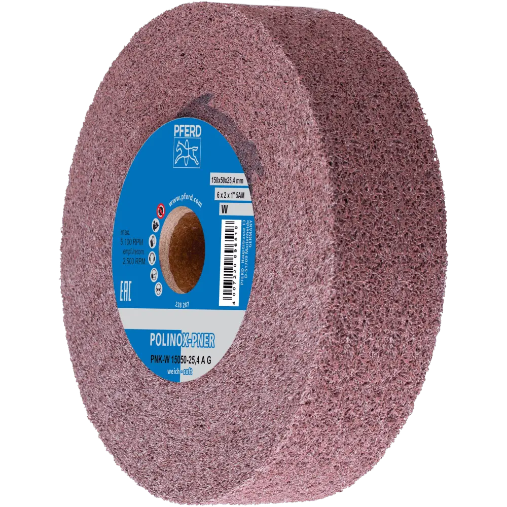 Produktfoto 1 von PFERD TOOLS POLINOX Gewickeltes Vlies-Rad PNK Ø 150x50 mm Bohrung-Ø 25,4 mm Weich A Grob für Finish