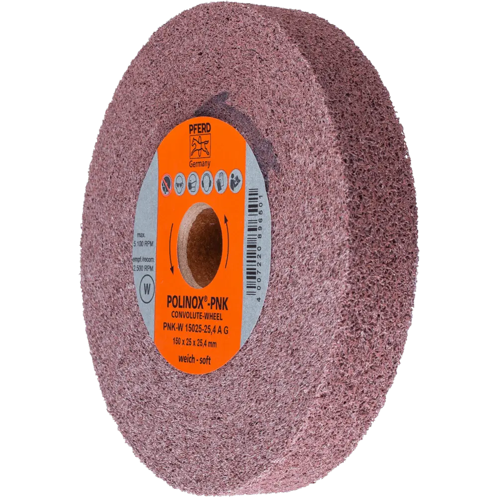 Produktfoto 1 von PFERD TOOLS POLINOX Gewickeltes Vlies-Rad PNK Ø 150x25 mm Bohrung-Ø 25,4 mm Weich A Grob für Finish