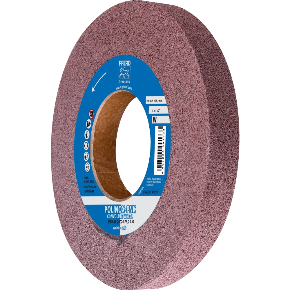 Produktfoto 1 von PFERD TOOLS POLINOX Gewickeltes Vlies-Rad PNK Ø 200x25 mm Bohrung-Ø 76,2 mm Weich A Grob für Finish