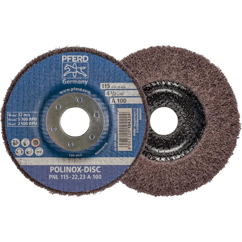 Produktfoto 1 von PFERD TOOLS POLINOX Vlies-Schleifdisc PNL Ø 115 mm Bohrung-Ø 22,23 mm A100 für Feinschliff und Finish, 5 Stk.