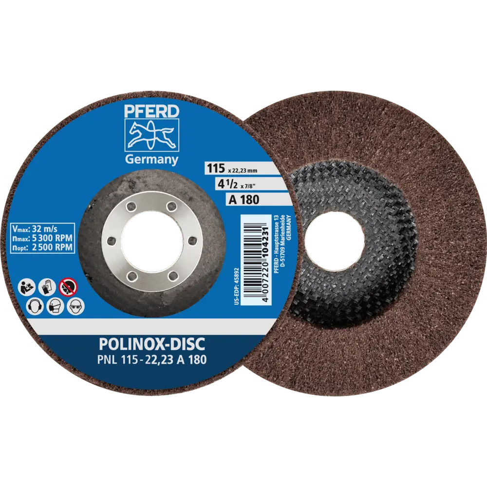 Produktfoto 1 von PFERD TOOLS POLINOX Vlies-Schleifdisc PNL Ø 115 mm Bohrung-Ø 22,23 mm A180 für Feinschliff und Finish, 5 Stk.