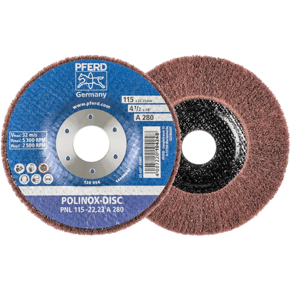 Produktfoto 1 von PFERD TOOLS POLINOX Vlies-Schleifdisc PNL Ø 115 mm Bohrung-Ø 22,23 mm A280 für Feinschliff und Finish, 5 Stk.
