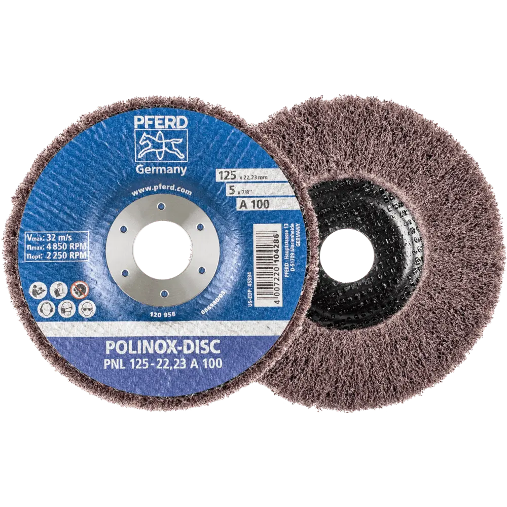 Produktfoto 1 von PFERD TOOLS POLINOX Vlies-Schleifdisc PNL Ø 125 mm Bohrung-Ø 22,23 mm A100 für Feinschliff und Finish, 5 Stk.