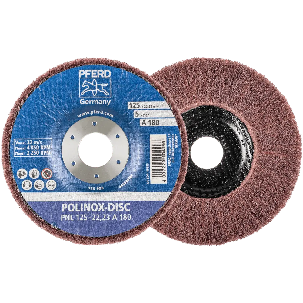 Produktfoto 1 von PFERD TOOLS POLINOX Vlies-Schleifdisc PNL Ø 125 mm Bohrung-Ø 22,23 mm A180 für Feinschliff und Finish, 5 Stk.