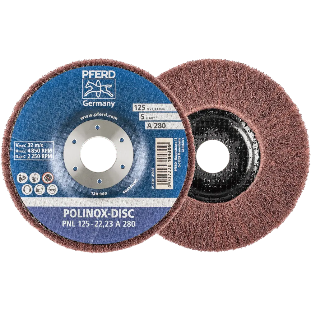 Produktfoto 1 von PFERD TOOLS POLINOX Vlies-Schleifdisc PNL Ø 125 mm Bohrung-Ø 22,23 mm A280 für Feinschliff und Finish, 5 Stk.