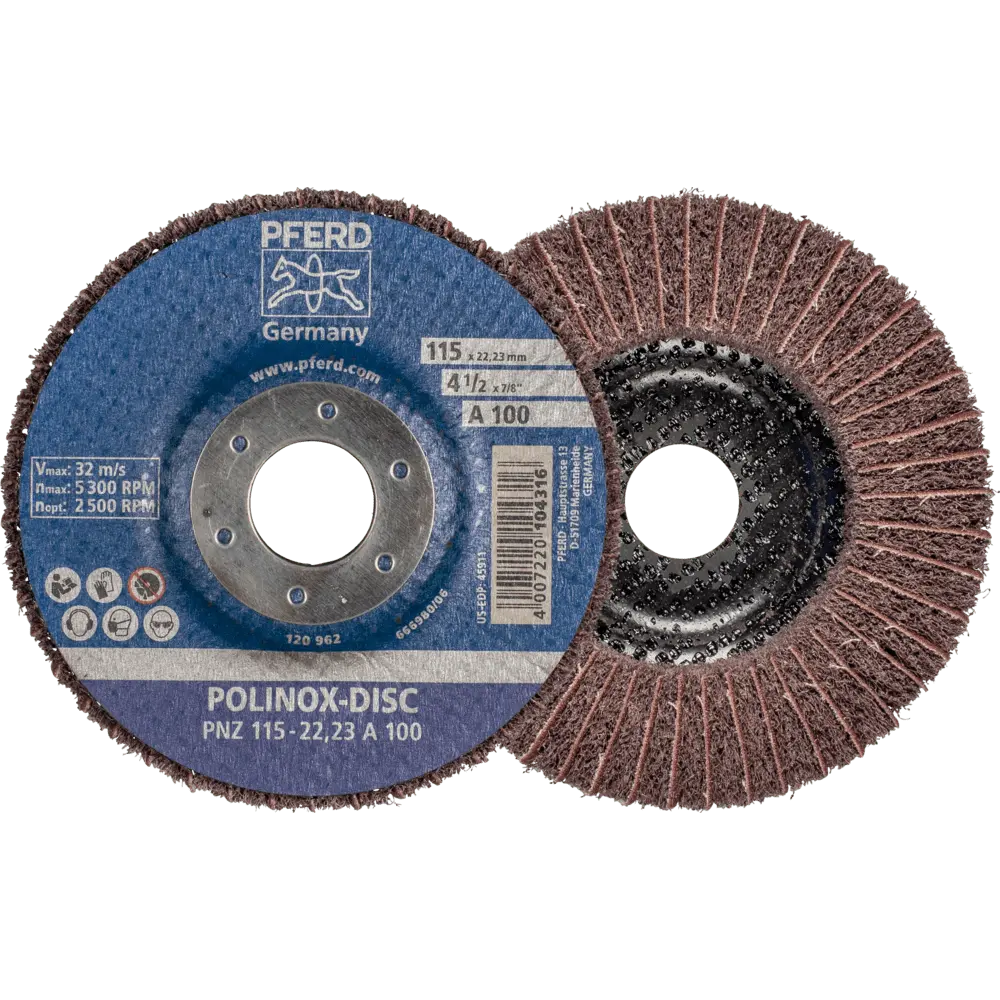 Produktfoto 1 von PFERD TOOLS POLINOX Vlies-Schleifdisc PNZ Ø 115 mm Bohrung-Ø 22,23 mm A100 für Feinschliff und Finish, 5 Stk.