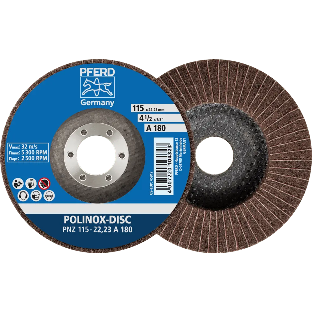 Produktfoto 1 von PFERD TOOLS POLINOX Vlies-Schleifdisc PNZ Ø 115 mm Bohrung-Ø 22,23 mm A180 für Feinschliff und Finish, 5 Stk.