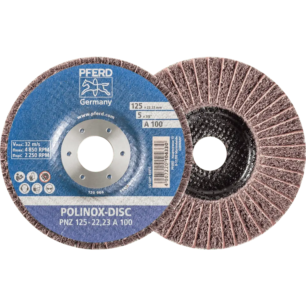 Produktfoto 1 von PFERD TOOLS POLINOX Vlies-Schleifdisc PNZ Ø 125 mm Bohrung-Ø 22,23 mm A100 für Feinschliff und Finish, 5 Stk.
