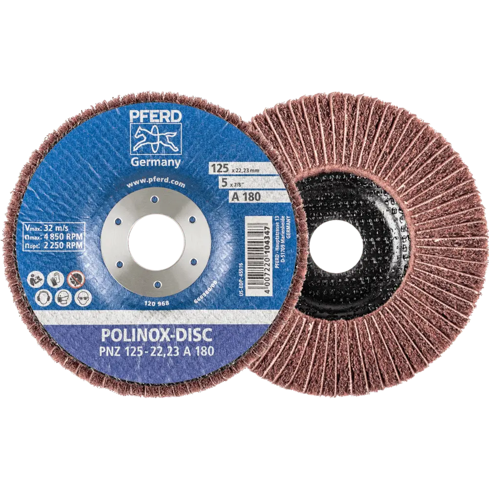 Produktfoto 1 von PFERD TOOLS POLINOX Vlies-Schleifdisc PNZ Ø 125 mm Bohrung-Ø 22,23 mm A180 für Feinschliff und Finish, 5 Stk.