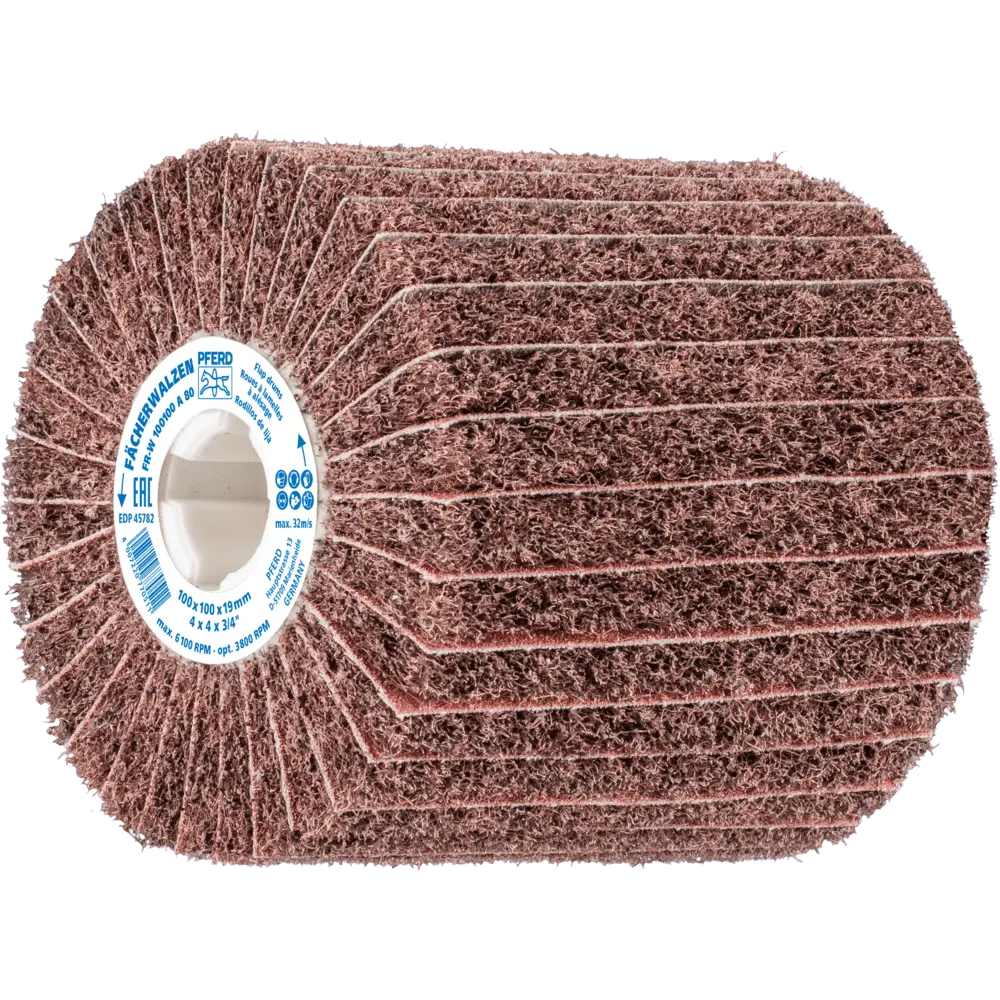 Produktfoto 1 von PFERD TOOLS POLINOX Vlies-Schleifwalze PNZ Ø 100x100mm Keilnut 19 mm A80/M für Feinschliff und Finish