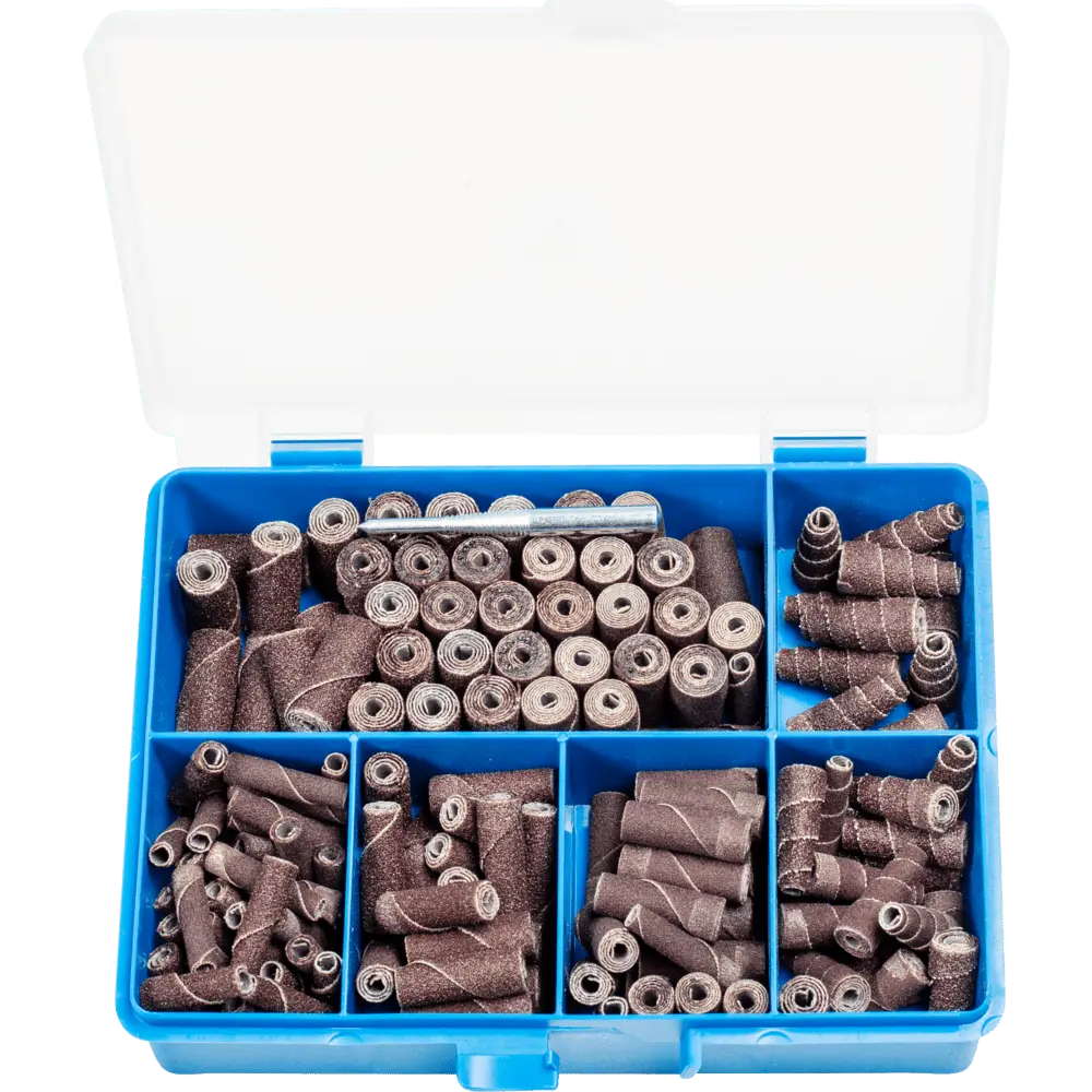 Produktfoto 1 von PFERD TOOLS POLIROLL-SET Inhalt 150 Stk. zylindrische und konische Schleifrollen mit Werkzeughalter