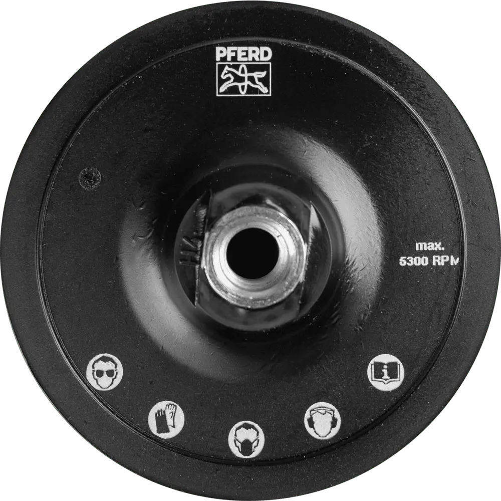 Produktfoto 1 von PFERD TOOLS POLIVLIES-Klettrondenhalter PVKRH Ø 115 mm Gewinde M14 mit Zentrierzapfen Ø 22 mm