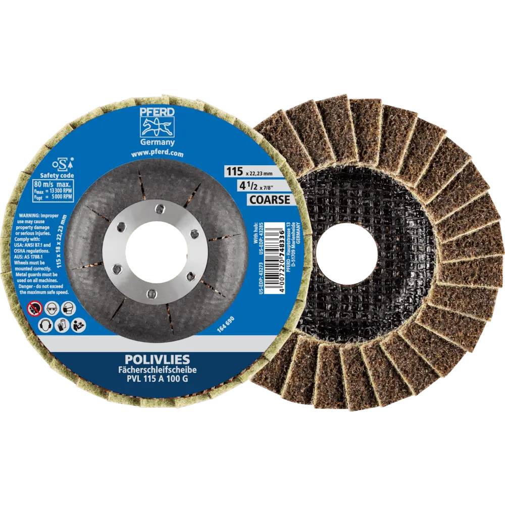Produktfoto 1 von PFERD TOOLS POLIVLIES-Fächerscheibe PVL Korund Ø 115 mm Bohrung 22,23 mm A100G für Feinschliff, 5 Stk.