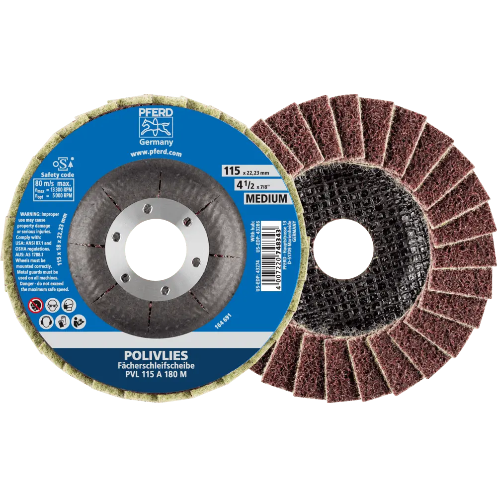 Produktfoto 1 von PFERD TOOLS POLIVLIES-Fächerscheibe PVL Korund Ø 115 mm Bohrung 22,23 mm A180M für Feinschliff, 5 Stk.