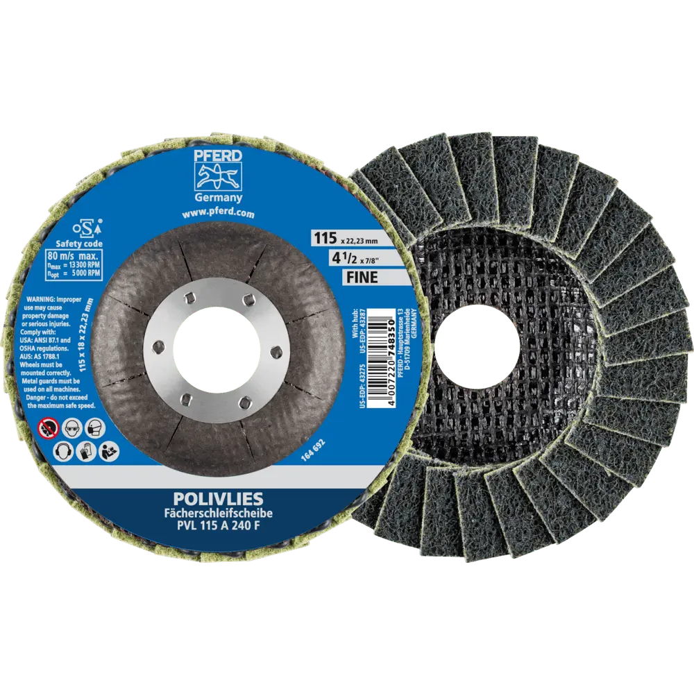 Produktfoto 1 von PFERD TOOLS POLIVLIES-Fächerscheibe PVL Korund Ø 115 mm Bohrung 22,23 mm A240F für Feinschliff, 5 Stk.