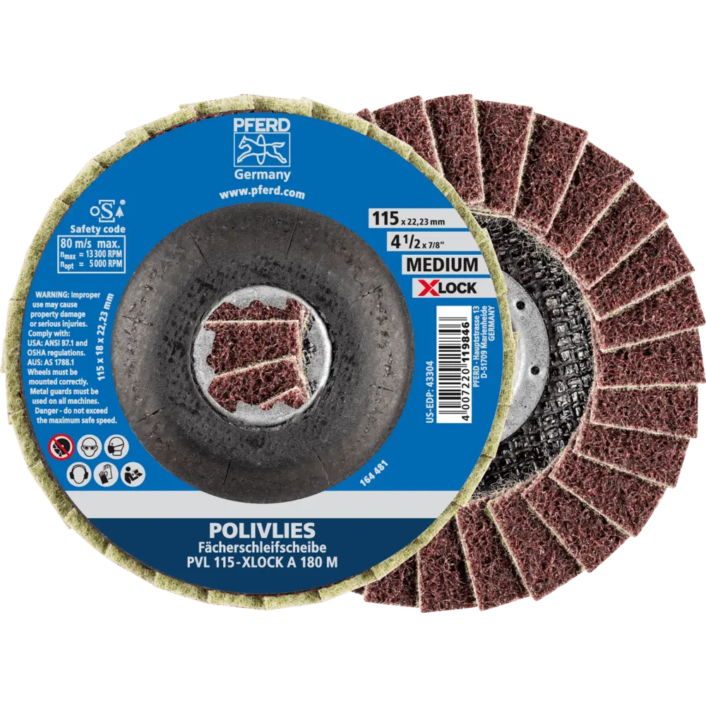 Produktfoto 1 von PFERD TOOLS POLIVLIES-Fächerscheibe PVL Korund Ø 115 mm Bohrung 22,23 mm/X-LOCK A180M für Feinschliff, 5 Stk.