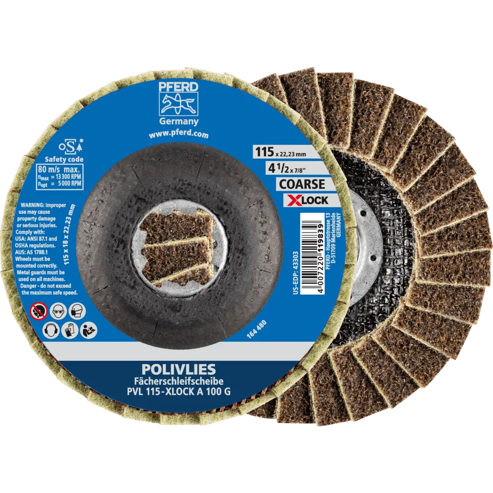 Produktfoto 1 von PFERD TOOLS POLIVLIES-Fächerscheibe PVL Korund Ø 115 mm Bohrung 22,23 mm/X-LOCK A100G für Feinschliff, 5 Stk.