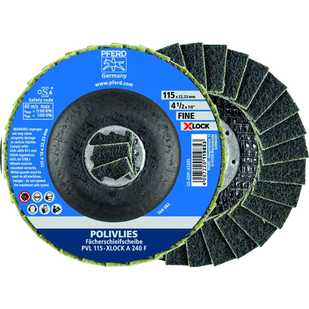 Produktfoto 1 von PFERD TOOLS POLIVLIES-Fächerscheibe PVL Korund Ø 115 mm Bohrung 22,23 mm/X-LOCK A240F für Feinschliff, 5 Stk.