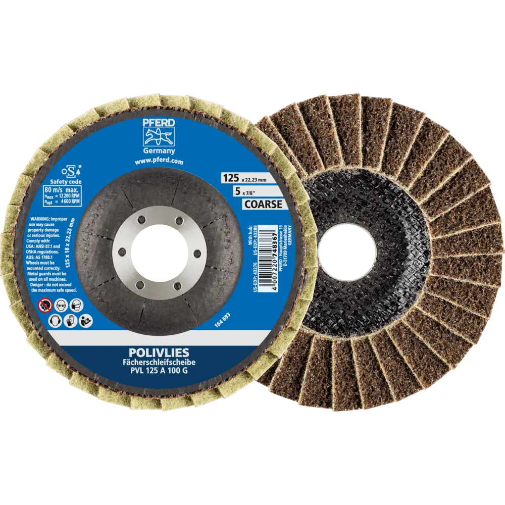 Produktfoto 1 von PFERD TOOLS POLIVLIES-Fächerscheibe PVL Korund Ø 125 mm Bohrung 22,23 mm A100G für Feinschliff, 5 Stk.